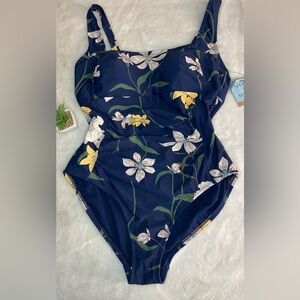 Blue and Yellow One Piece Swimsuit with Floral Print